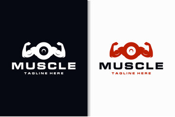 dumbbell logo with hand muscle shape design combination
