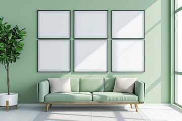 Gallery Wall Mockup with Vertical Frames in Green and White Boy's Room Interior - 3D Render