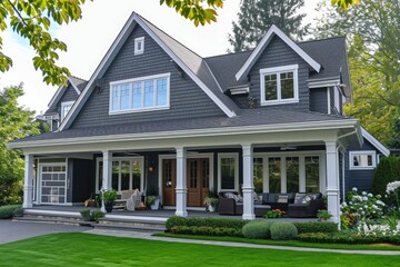 Charming Home: Grey House with Covered Porch, Driveway, and Lush Landscape
