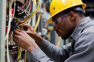 Electrician Wiring an Electronic Fire Alarm System in a School - obrazy, fototapety, plakaty