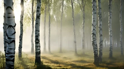 Kissenbezug Beautiful nature landscape with birch trees grove in the morning fog. © Ziyan Yang