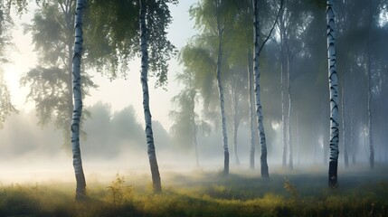Beautiful nature landscape with birch trees grove in the morning fog.