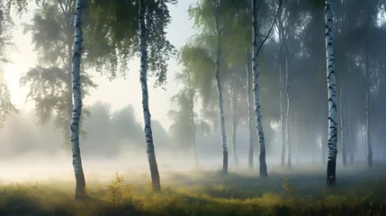 Schilderijen op glas Beautiful nature landscape with birch trees grove in the morning fog. © Ziyan Yang