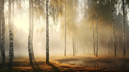Fototapeta na wymiar Beautiful nature landscape with birch trees grove in the morning fog.