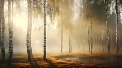 Foto op Plexiglas Beautiful nature landscape with birch trees grove in the morning fog. © Ziyan Yang