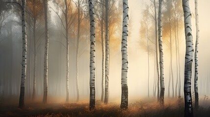 Beautiful nature landscape with birch trees grove in the morning fog. - obrazy, fototapety, plakaty