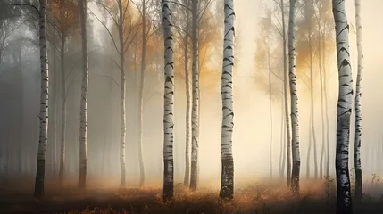 Fototapeten Beautiful nature landscape with birch trees grove in the morning fog. © Ziyan Yang