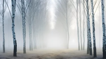 Tuinposter Beautiful nature landscape with birch trees grove in the morning fog. © Ziyan Yang