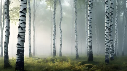 Cercles muraux Bouleau Beautiful nature landscape with birch trees grove in the morning fog.