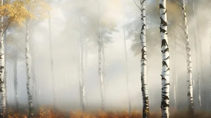 Papier Peint photo autocollant Bouleau Beautiful nature landscape with birch trees grove in the morning fog.