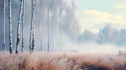 Foto op Plexiglas Beautiful nature landscape with birch trees grove in the morning fog. © Ziyan Yang