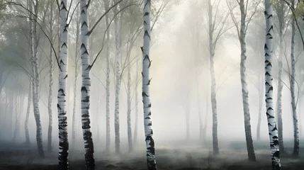 Foto auf Glas Beautiful nature landscape with birch trees grove in the morning fog. © Ziyan Yang