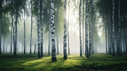 Schilderijen op glas Beautiful nature landscape with birch trees grove in the morning fog. © Ziyan Yang
