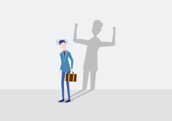 Self-confidence or leadership to bring full potential and power, motivation to achieve business success concept, self-doubt businessman standing with his skilled self-shadow on the wall