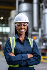 Portrait of a smiling female engineer wearing a hard hat and safety glasses in a factory