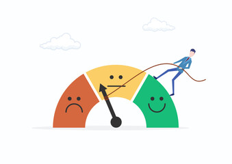 Performance rating or customer feedback, credit score or satisfaction measurement, quality control or improvement concept, strong businessman pull the string to make rating gauge to be excellent.