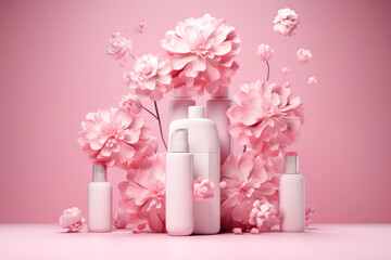 Group of mockups of bottles for cosmetics. White samples stand on a stage with pink flowers