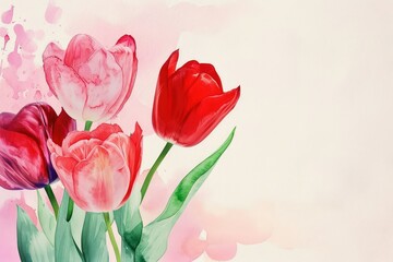 Watercolor tulips with green leaf. Hand drawn watercolor illustration, copy space.