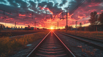 夕暮れ時の美しい空に沿った鉄道駅GenerativeAI - obrazy, fototapety, plakaty
