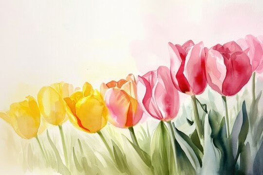 Tulips: yellow and pink tulips represent love and caring, valentine theme, watercolor, copy space.