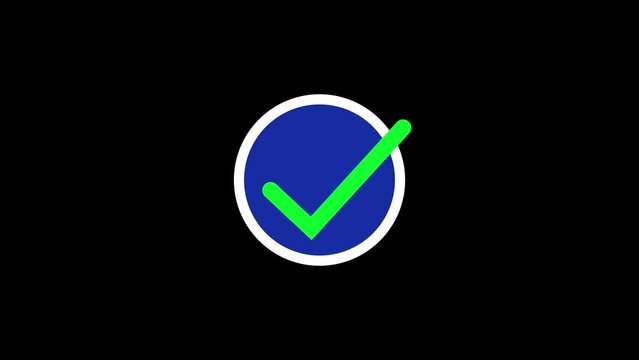 Minimalist verified checkmark icon with a green tick on a blue circle animated on a black background.