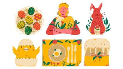 Happy Easter set with different holiday symbols. Funny bunny and eggs. Vector illustration in hand draw style.