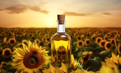 Glass bottle with a cork stopper with sunflower oil.