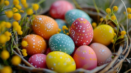 Fototapeta na wymiar Basket Filled With Colorful Painted Eggs