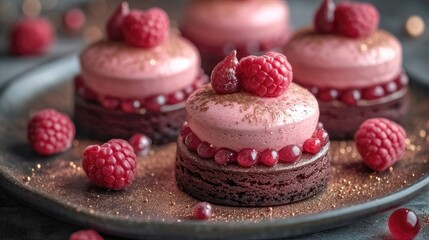 Delight in Opulent Magenta French Sweets, Accentuated by Pink Heart-shaped Cakes and Decorations, Conjuring a Romantic Ambiance for Valentine's Day
