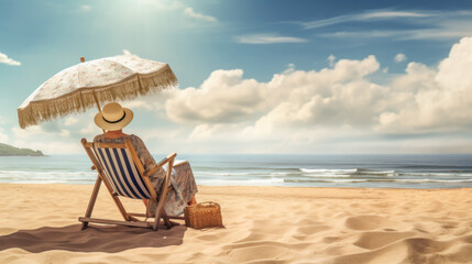 older woman is sitting under an umbrella on a chaise longue by the sea and admiring the view in front of her. copy space