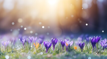 Crocuses on the background of a beautiful bokeh background.