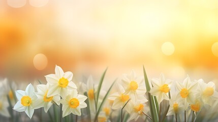 White daffodils on a beautiful blurred background, copy space.