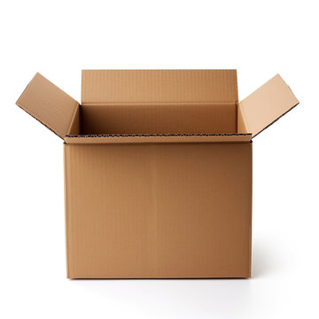Brown cardboard box mockup with open side view from side on isolated white background