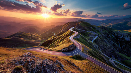 曲がりくねった山道は、岩だらけのアスファルトと色鮮やかな夕日GenerativeAI