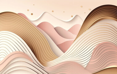 Landscape composition in a beautiful paper cut style design. Abstract beige background with mountains, sky and waves. Created using generative AI.