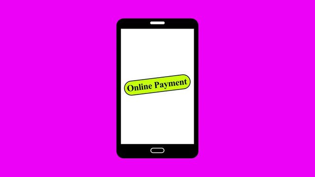 Smartphone with Online Payment text on screen animated on pink background.