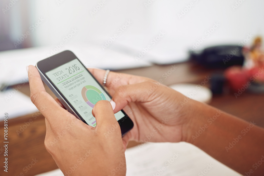 Poster Phone, hands or designer with chart for data analytics, technology or graphs info on website. Reading analysis, target audience or worker working stats update on mobile app screen with SEO research