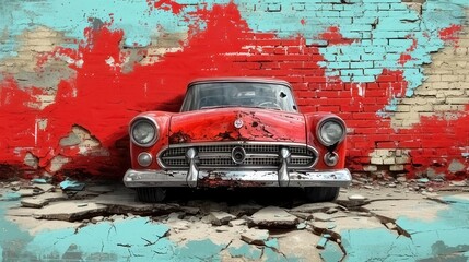 A classic car emerges from a broken wall adorned with graffiti
 - obrazy, fototapety, plakaty