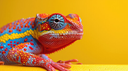 A vividly colored chameleon on a bright yellow background.