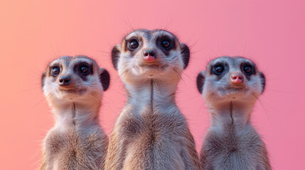 Three meerkats pose alertly against a soft pink gradient background, displaying curiosity.