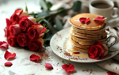 Plate with tasty pancakes and roses on light background, closeup