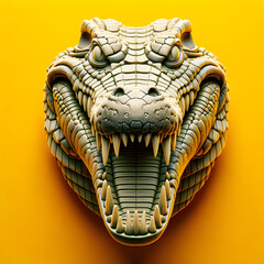 3D icon of a crocodile head in a frontal view, set against a yellow background