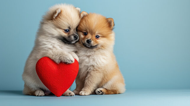 Pomeranian puppies cuddling with a red heart cushion.
