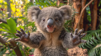 Naklejka premium Joyful koala bear waving its paws.
