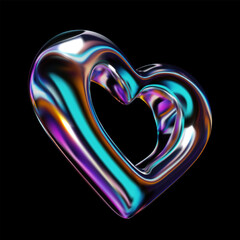 Reflective holographic 3D heart in Y2K style. Shiny metallic fluid surface with neon rainbow gradient. Trendy element for retro-futuristic and cyber-themed designs. Isolated vector illustration
