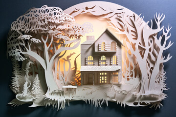 Modern paper cut style of illustration with a three-storey mansion and a garden or forest. Created using generative AI.