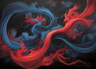 A Captivating Fusion of Red and Blue Smoke Against a Profound Black Canvas