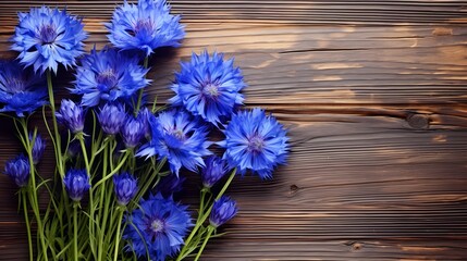 Bunch of blue cornflowers on rustic wooden board top view.