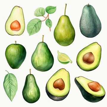 Avocado set. Hand drawn watercolor illustration. Vector illustration.