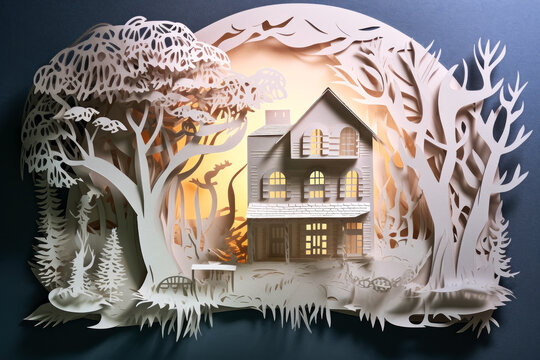 Modern paper cut style of illustration with a three-storey mansion and a garden or forest. Created using generative AI.